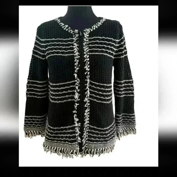 Ann Taylor Womens Black And White Frayed Knit Zip Up Sweater M - Picture 1 of 12